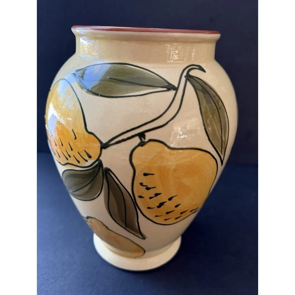 Vintage Handpainted Pottery Vase Vessel Lemons PearsTerracotta Portugal Artisan